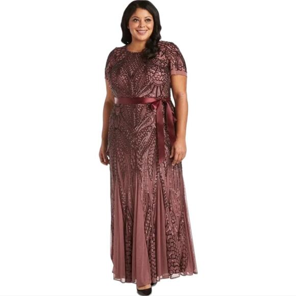 R&M Richards Womens Plus Size Plum Evening Gown Embellished Pleated Dress 22 16 - Picture 1 of 10